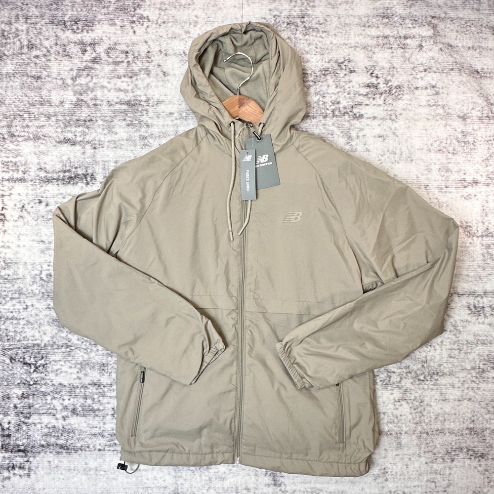 NWT New Balance‎ Hooded Wind Jacket Beige Men's Medium Fleece Lined Water Resist